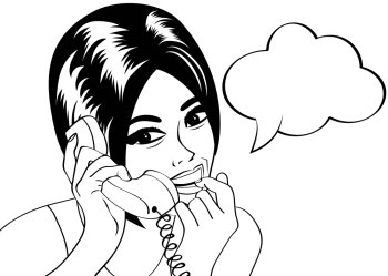 woman chatting on the phone, pop art illustration in black and white, vector illustration
