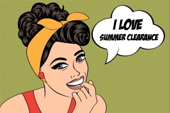 pop art cute retro woman in comics style with message 