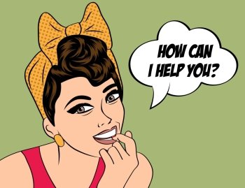 pop art cute retro woman in comics style with message 