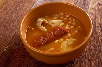 Fabada asturiana, often simply known as fabada,  Spanish bean stew native from Asturias Region