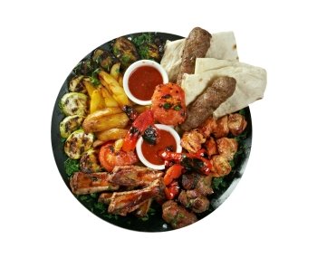  shish kebab mix. Various types  mat roasted with vegetable closeup