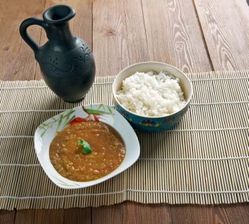 Dal bhat - traditional meal  Nepal, Bangladesh and India.consists of steamed rice and a cooked lentil soup called dal.
