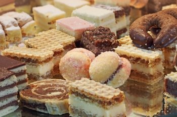 A bunch of mixed homemade cakes, traditional in Croatia


