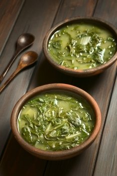 Two rustic bowls of chard soup with small wooden spoons on the side, photographed on dark wood with natural light (Selective Focus, Focus one third into the first soup)