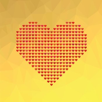 colorful illustration  with red heart symbol on yellow abstract polygonal background