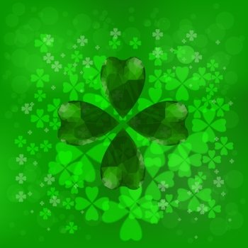 Four- leaf clover - Irish shamrock St Patrick’s Day background. Useful for your design. Green glass clover on green background.Stylish abstract St. Patrick’s day background with leaf clover.