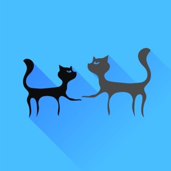 Two Cats Silhouettes Isolated on Blue Background.. Two Cats Silhouettes