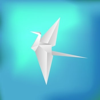 Flying Paper Bird on Blue Absstract Background. Flying Paper Bird