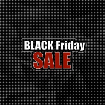 Black Friday Sticker  on Dark Halftone Background. Black Dots Pattern. Dark Shopping Label. Special Marketing Promotion. Black Friday Sticker