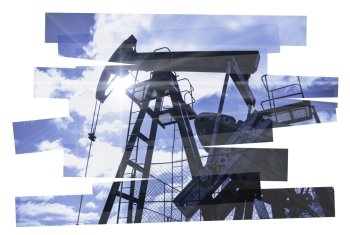 Oil pump abstract composition background. Oil gas ibdustry. Photocollage toned blue.. Pump jack abstract composition.