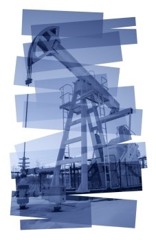 Oil pump abstract composition background. Oil and gas industry. Photo collage toned blue. Isolate on a white.. Pump jack abstract background.