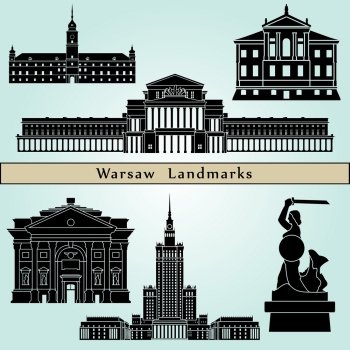 Warsaw landmarks and monuments isolated on blue background in editable vector file