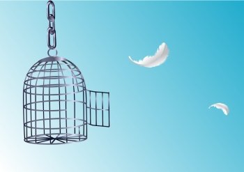 Opened cage. Bird escaping from its cage 
