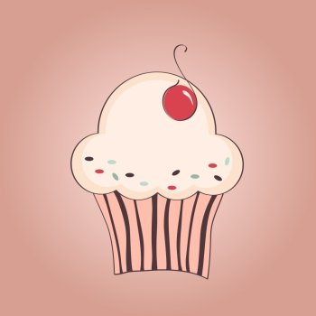 Vector hand drawn illustration of cupcake with cherry