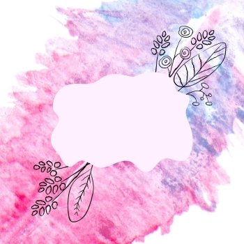 Decorative floral illustration of leaves and flowers on a watercolor background. Hand drawn watercolor background with decorative label.