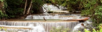 Panorama Beautiful Tropial Waterfall in Rainforest of Thailand