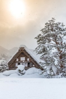 Shirakawago with Snowfall and winter Sun,  Gifu Chubu Japan