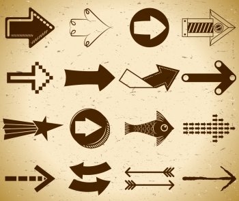 Set of trendy vintage arrows on grungy paper