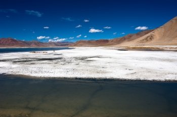 Himalaya high mountain landscape panorama with salt lake Tso Kar under blue sky. India, Ladakh, altitude 4600 m