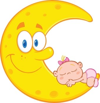 Cute Baby Girl Sleeps On The Smiling Moon Cartoon Characters