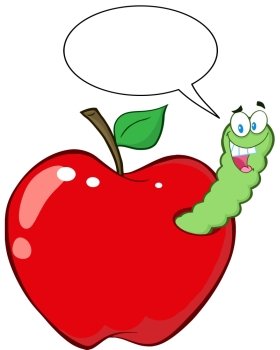 Happy Worm In Red Apple With Speech Bubble