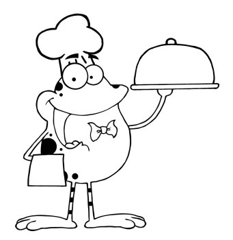 Outlined Frog Cartoon Mascot Character Chef Serving Food In A Sliver Platter