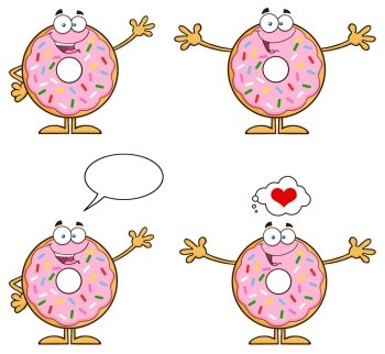 Pink Donut Cartoon Character With Sprinkles 3.  Collection Set Isolated On White