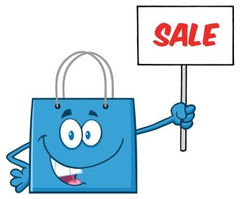 Smiling Blue Shopping Bag Character Holding Up A Blank Sign With Text