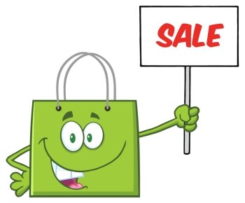 Smiling Green Shopping Bag Character Holding Up A Blank Sign With Text