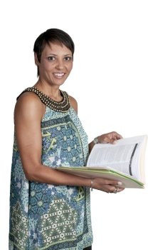 A beautiful young woman holding a manila file folder