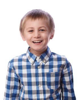 Boy laughs, 8 years old, isolated on a white background