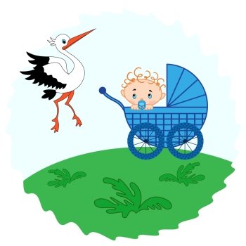 Baby boy in a pram in the meadow and stork beside him, hand drawing vector illustration