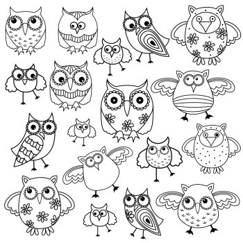 Set of eighty funny owls, black vector contour isolated on white background
