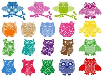 Set of nineteen colorful ornamental vector owl stencils isolated over white background. Set of nineteen ornamental owls