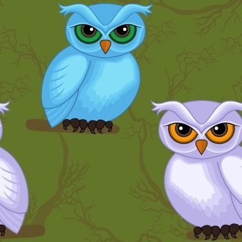 Seamless vector artwork pattern with sympathetic blue and violet cartoon owls on the dark green forest background. Seamless artwork pattern with cartoon owls