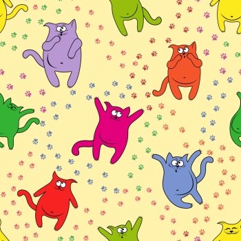 Amusing color cats with traces of paws on seamless vector pattern. Seamless pattern with amusing cats
