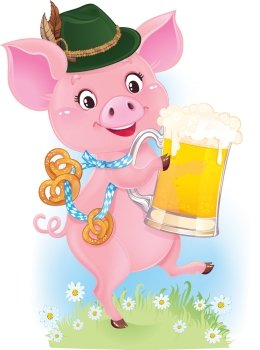 Cute dancing piglet is holding beer glass and pretzels