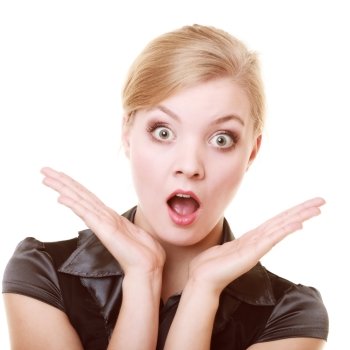 Portrait of surprised shocked businesswoman scared woman in black isolated on white. Gossip.