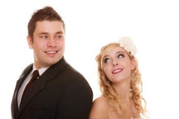 Wedding day. Portrait of happy couple bride and groom isolated on white background