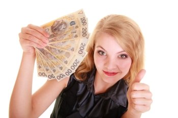 Happy business woman holding polish currency money banknote giving thumb up hand sign gesture. Finance and success.