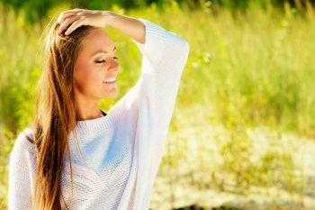 Holidays, vacation happiness and beauty concept. Portrait of lovely girl long brown hair enjoying sunlight on warm sunny day outdoor