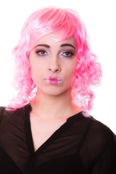 Portrait woman with pink wig creative visage makeup isolated on white background