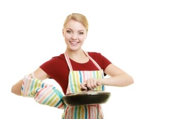 Happy housewife or chef in colorful kitchen apron with skillet frying pan isolated studio shot
