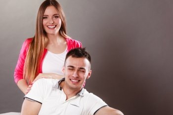 Portrait of smiling woman and man. Happy couple.. Portrait of smiling woman and man posing. Happy joyful couple. Good relationship. 
