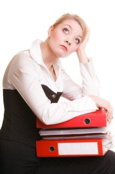Business and paperwork. Young overworked businesswoman holding stack of folders documents. Busy woman working in office.