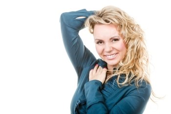Attractive blonde woman portrait. Portrait of funny middle aged blonde woman. Adult female wearing blue blouse having fun in studio.