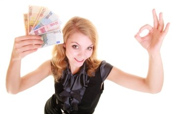 Rich happy blonde business woman showing euro currency money banknotes, giving ok hand sign gesture. Economy, finance business work.