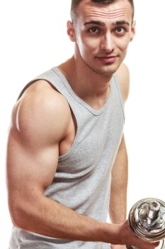 Bodybuilding. Strong fit man exercising with dumbbells. Closeup muscular young guy lifting weights white background