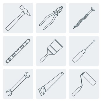 house remodel instruments outline icons. vector various outline house repair tools equipment icons set
