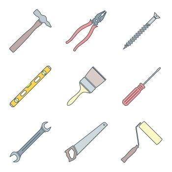color outline house remodel tools icons. vector various colored outline house repair instruments equipment icons